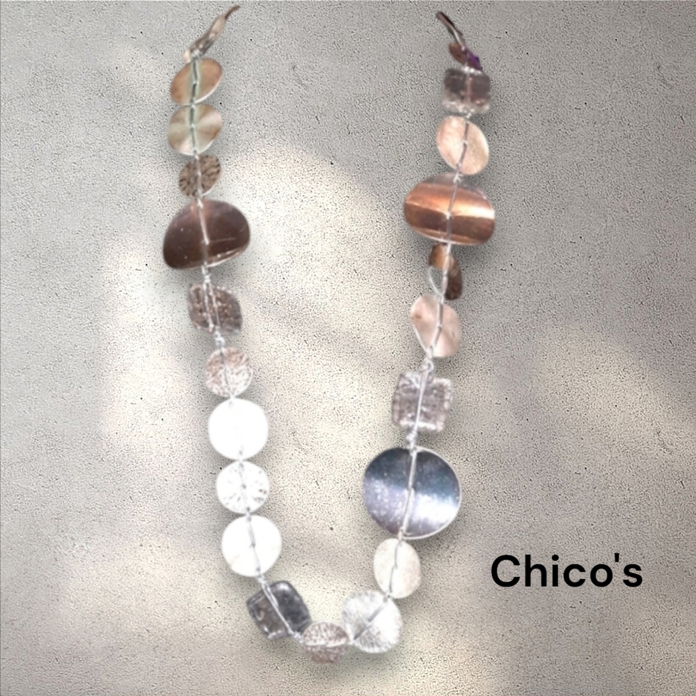 Chico's long silvertone statement avant-garde chunky bold necklace